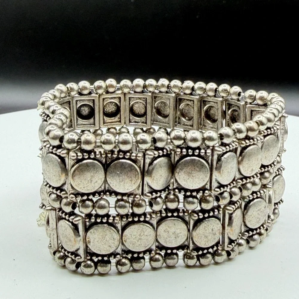 Silver Tone Chunky Stretch Bracelet Geometric Coin Bead Boho Statement Jewelry